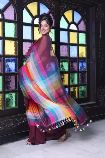 Maroon and multicolor colorblocked mulmul cotton saree