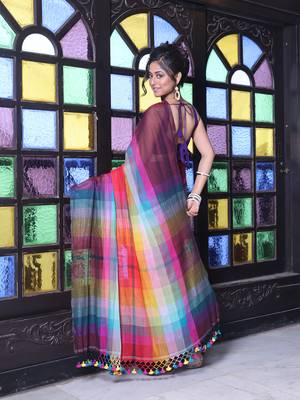 Maroon and multicolor colorblocked mulmul cotton saree 3