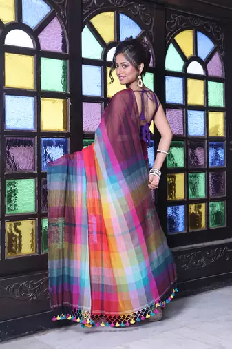 Maroon and multicolor colorblocked mulmul cotton saree