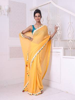 Yellow mulmul cotton soft saree with patch work borders 1