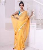 Yellow mulmul cotton soft saree with patch work borders