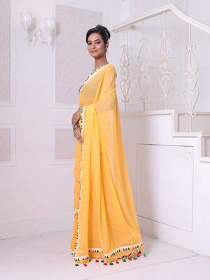 Yellow mulmul cotton soft saree with patch work borders 2