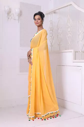 Yellow mulmul cotton soft saree with patch work borders