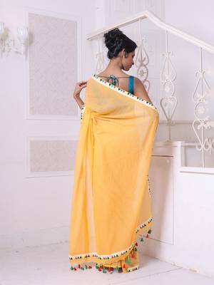 Yellow mulmul cotton soft saree with patch work borders 3