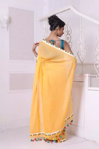 Yellow mulmul cotton soft saree with patch work borders