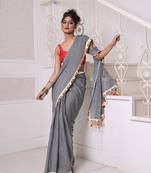 Grey mulmul cotton soft saree with patch work borders