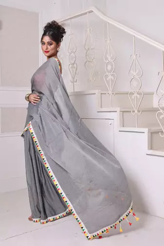 Grey mulmul cotton soft saree with patch work borders