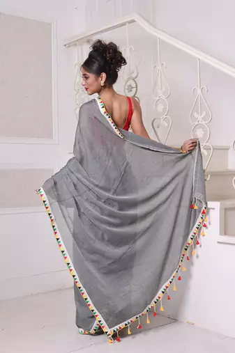 Grey mulmul cotton soft saree with patch work borders