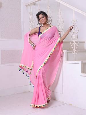 Pink mulmul cotton soft saree with patch work borders 1