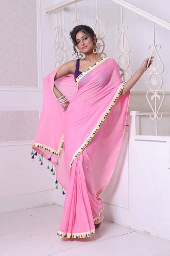 Pink mulmul cotton soft saree with patch work borders