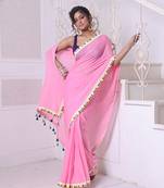 Pink mulmul cotton soft saree with patch work borders