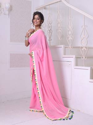 Pink mulmul cotton soft saree with patch work borders 2