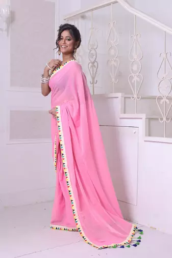 Pink mulmul cotton soft saree with patch work borders