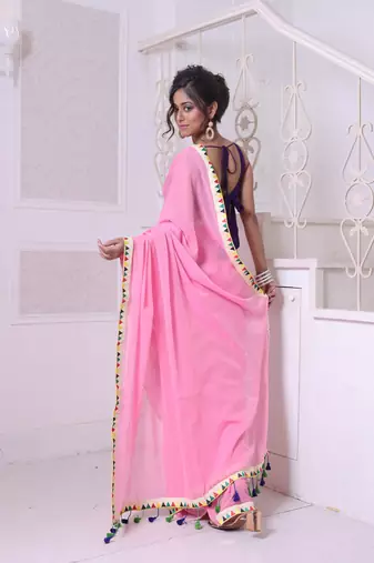 Pink mulmul cotton soft saree with patch work borders
