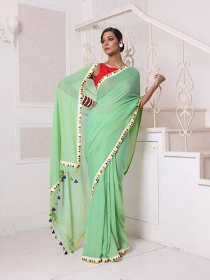 Light green mulmul cotton soft saree with patch work borders 1
