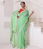 Light green mulmul cotton soft saree with patch work borders
