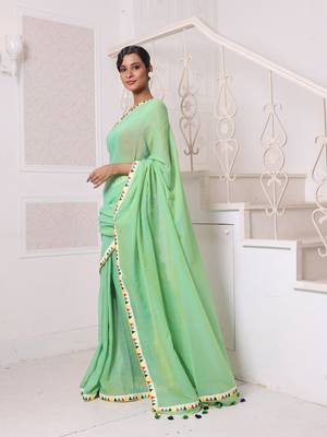 Light green mulmul cotton soft saree with patch work borders 2