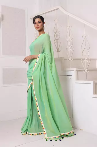 Light green mulmul cotton soft saree with patch work borders