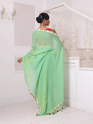 Light green mulmul cotton soft saree with patch work borders 3