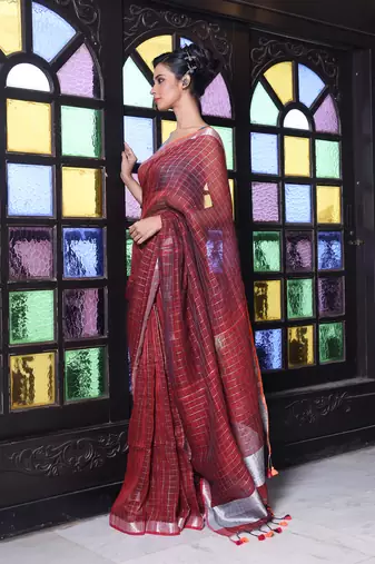 Maroon checkbox designs soft saree with zari borders