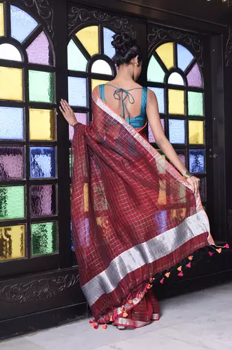Maroon checkbox designs soft saree with zari borders