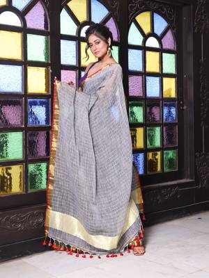 Grey checkbox designs soft saree with zari borders 2