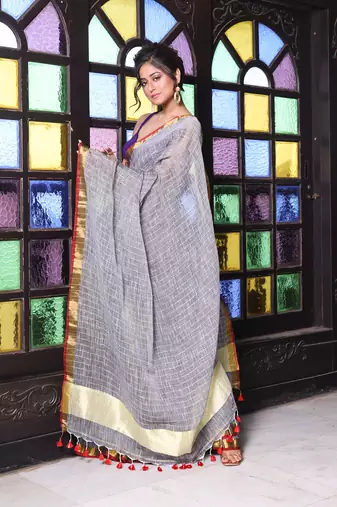 Grey checkbox designs soft saree with zari borders