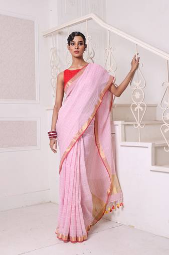 Pink checkbox designs soft saree with zari borders