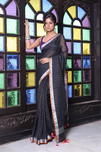 Black checkbox designs soft saree with zari borders