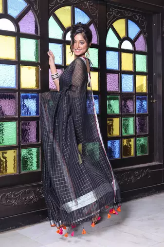 Black checkbox designs soft saree with zari borders