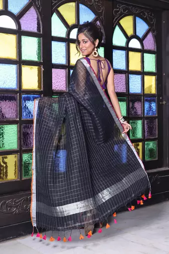 Black checkbox designs soft saree with zari borders