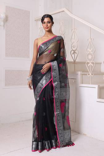 Black muslin saree with zari woven nakshi borders