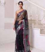 Black muslin saree with zari woven nakshi borders