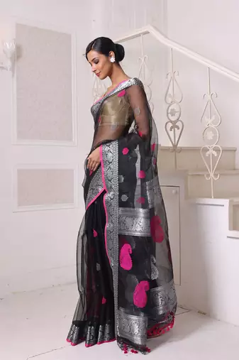 Black muslin saree with zari woven nakshi borders