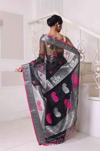Black muslin saree with zari woven nakshi borders