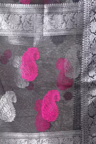 Black muslin saree with zari woven nakshi borders