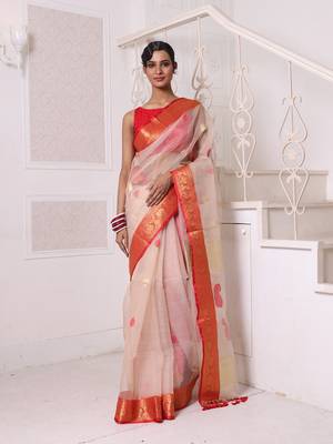Beige muslin saree with zari woven nakshi borders 1