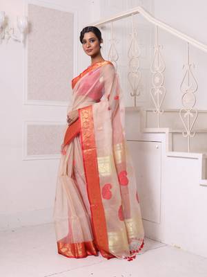 Beige muslin saree with zari woven nakshi borders 2