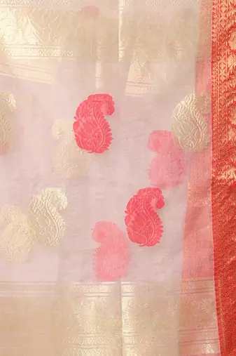Beige muslin saree with zari woven nakshi borders