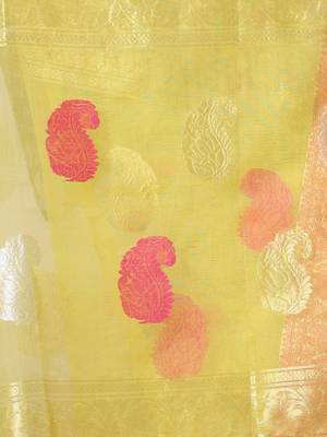 Yellow muslin saree with zari woven nakshi borders 4