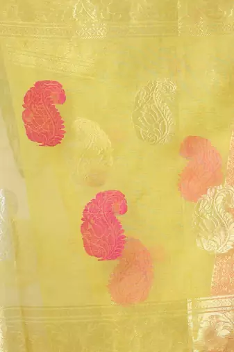 Yellow muslin saree with zari woven nakshi borders