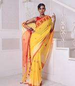 Yellow bengali style cotton soft saree with kashful borders