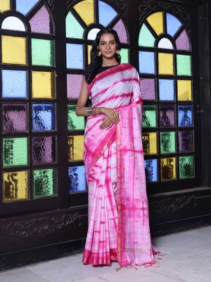 All over foliage embroidery white and pink silk saree with chanderi borders 1