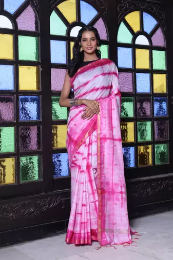 All over foliage embroidery white and pink silk saree with chanderi borders