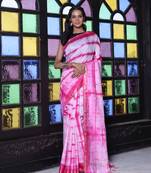 All over foliage embroidery white and pink silk saree with chanderi borders