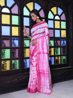 All over foliage embroidery white and pink silk saree with chanderi borders 2