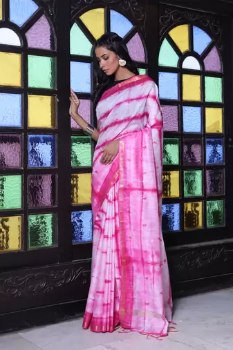 All over foliage embroidery white and pink silk saree with chanderi borders