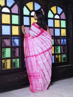 All over foliage embroidery white and pink silk saree with chanderi borders 3