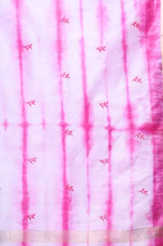 All over foliage embroidery white and pink silk saree with chanderi borders