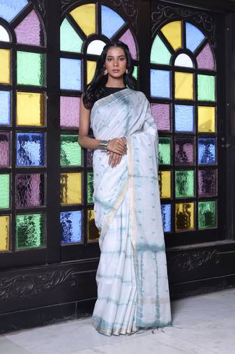 All over foliage embroidery white and grey silk saree with chanderi borders